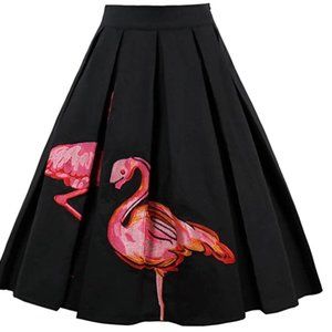 Black skirt with pockets embellished with embroidered flamingos XL